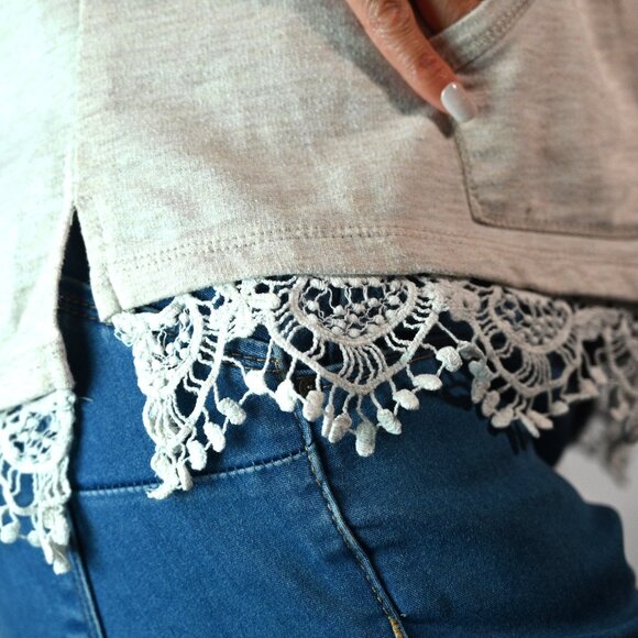 Oatmeal Hoodie with Crochet Lace Trim - Size Large - Picture 5 of 5